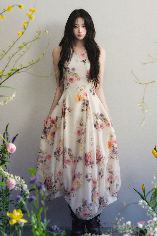 Sleeveless Floral Print Asymmetrical Hem Chiffon Dress