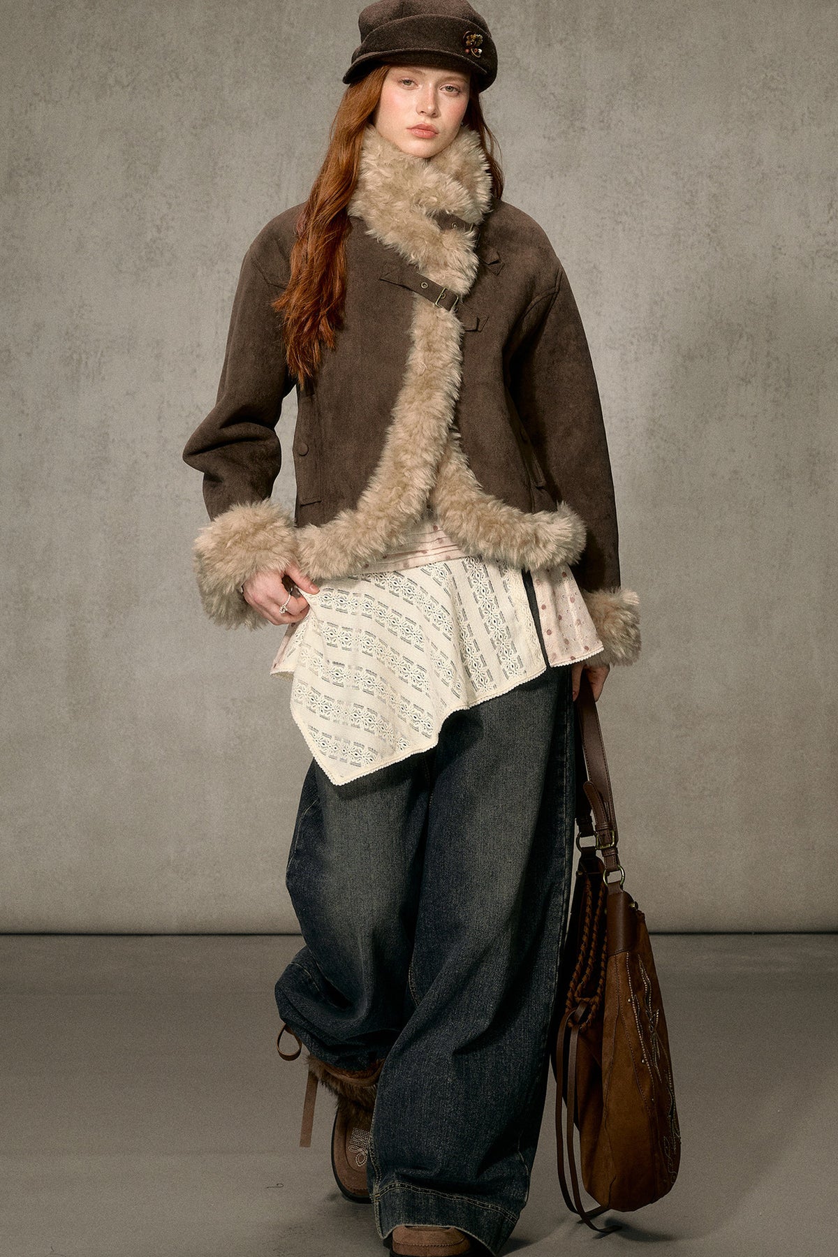 Oatmeal Chocolate Fur Trim Asymmetrical Jacket