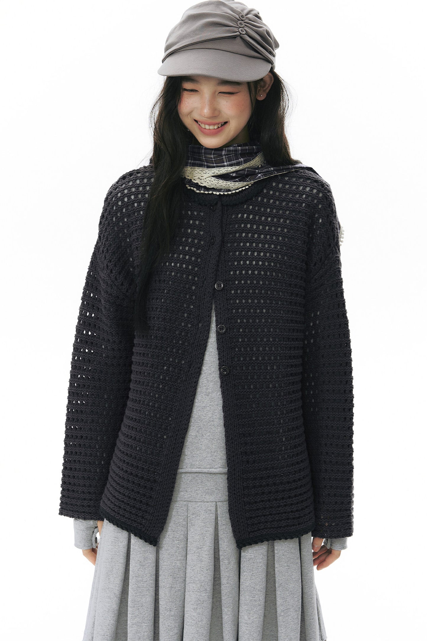 Solid Color Hollow Knit Cardigan
