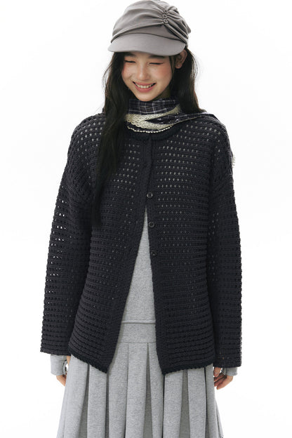 Solid Color Hollow Knit Cardigan