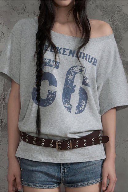 Slanted Shoulder Off-Shoulder T-Shirt Top and Pants Set-Up