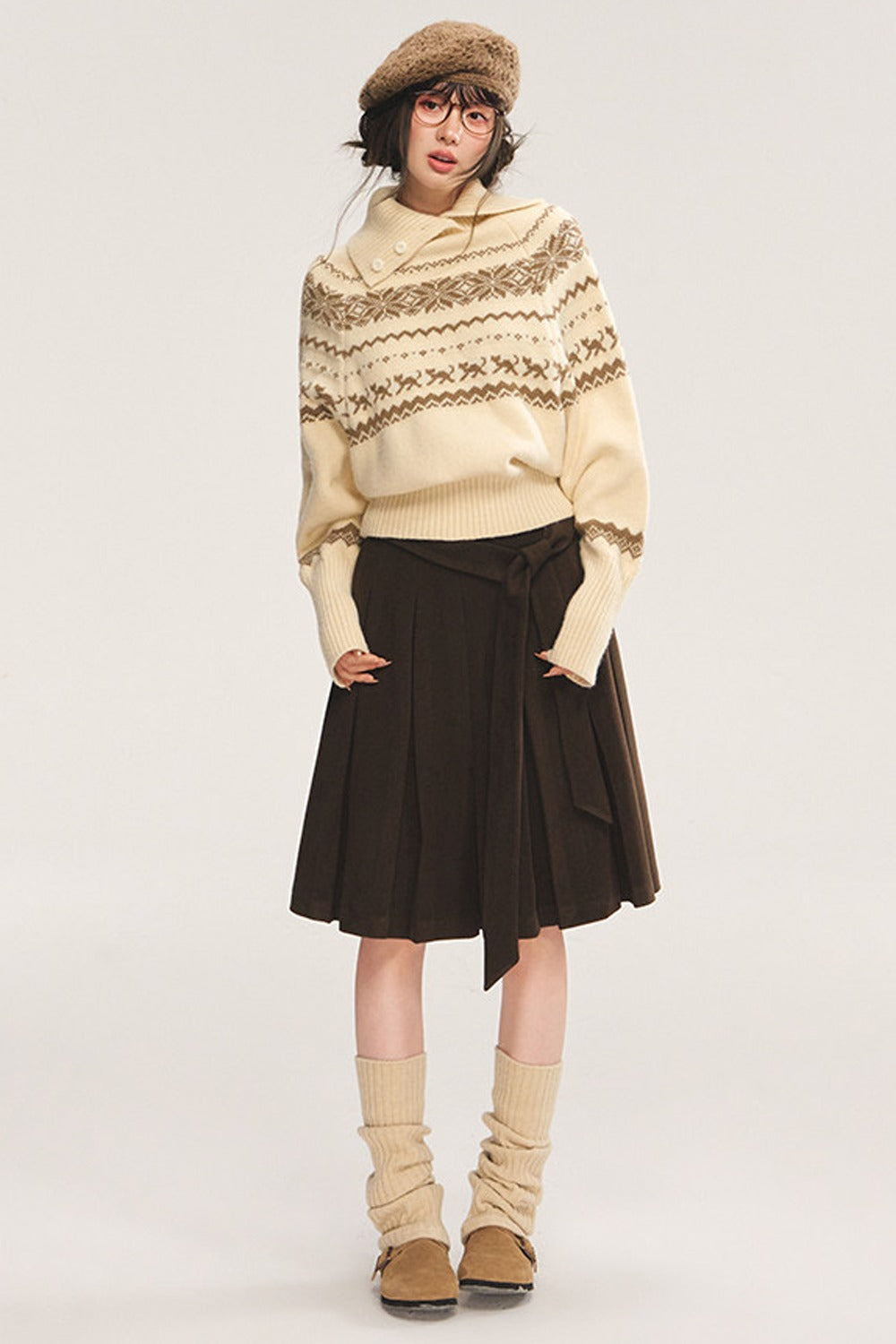 Fair Isle Cable-Knit Stand-Up Collar Sweater