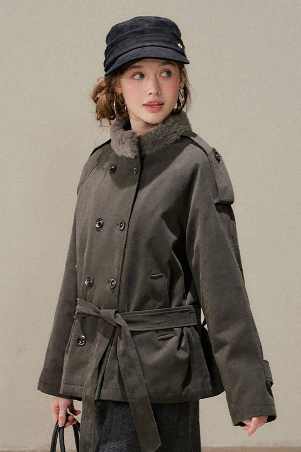 Gray Green Fur Collar Quilted Jacket