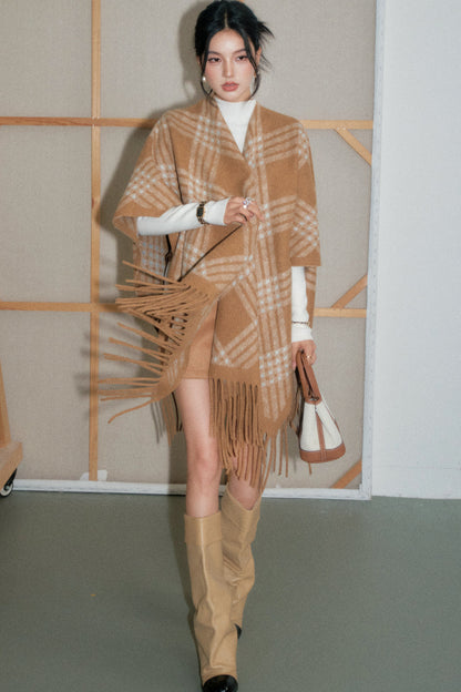 Tassel Plaid Scarf Cape Set-Up