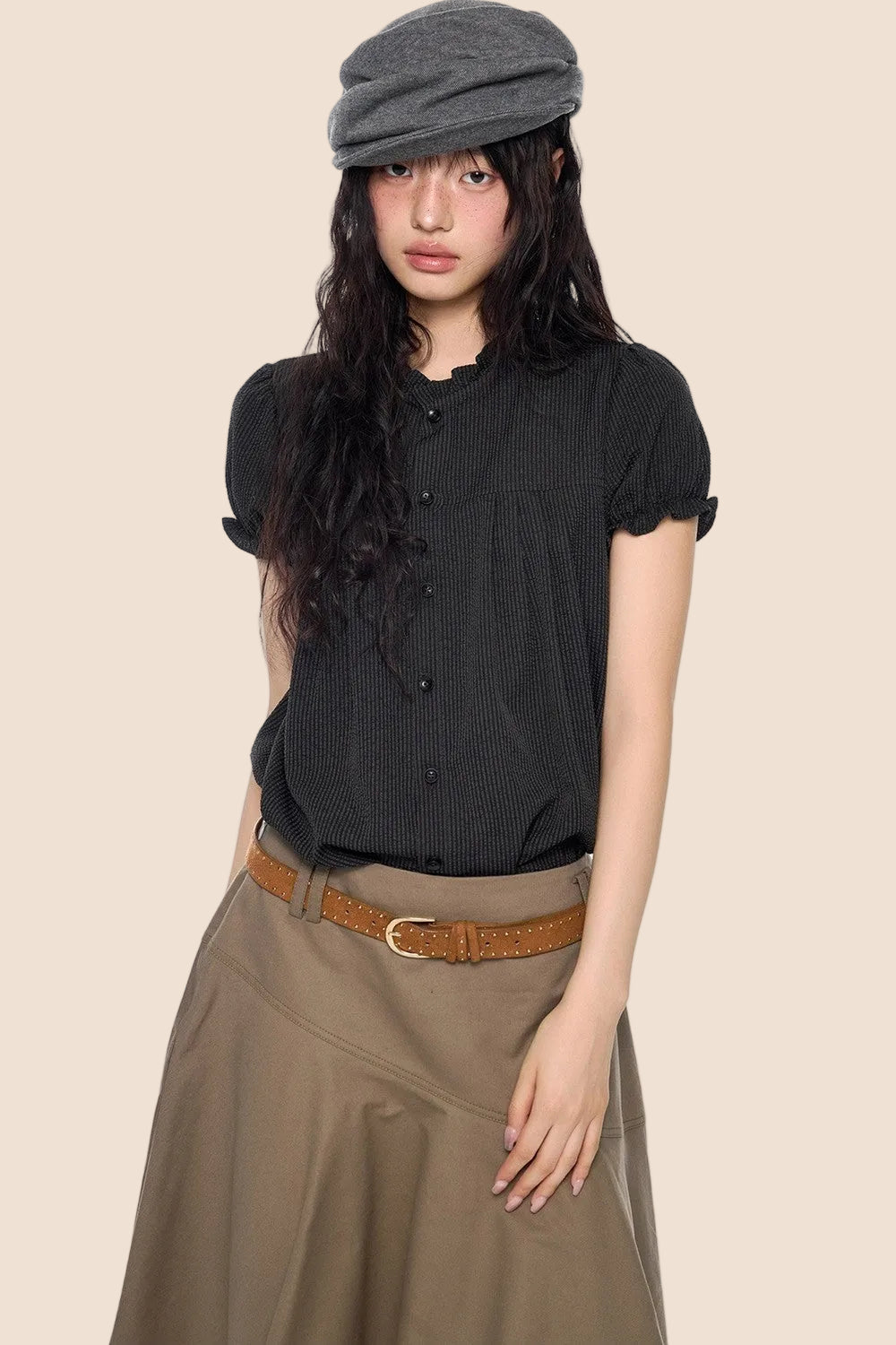 Pleated Lace Collar Short Sleeve Shirt