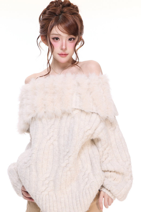 One-Shoulder Oversized Patchwork Cable Knit Sweater and Woolen Shorts Set-Up
