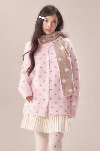 Polka Dot Scarf Knit Cardigan