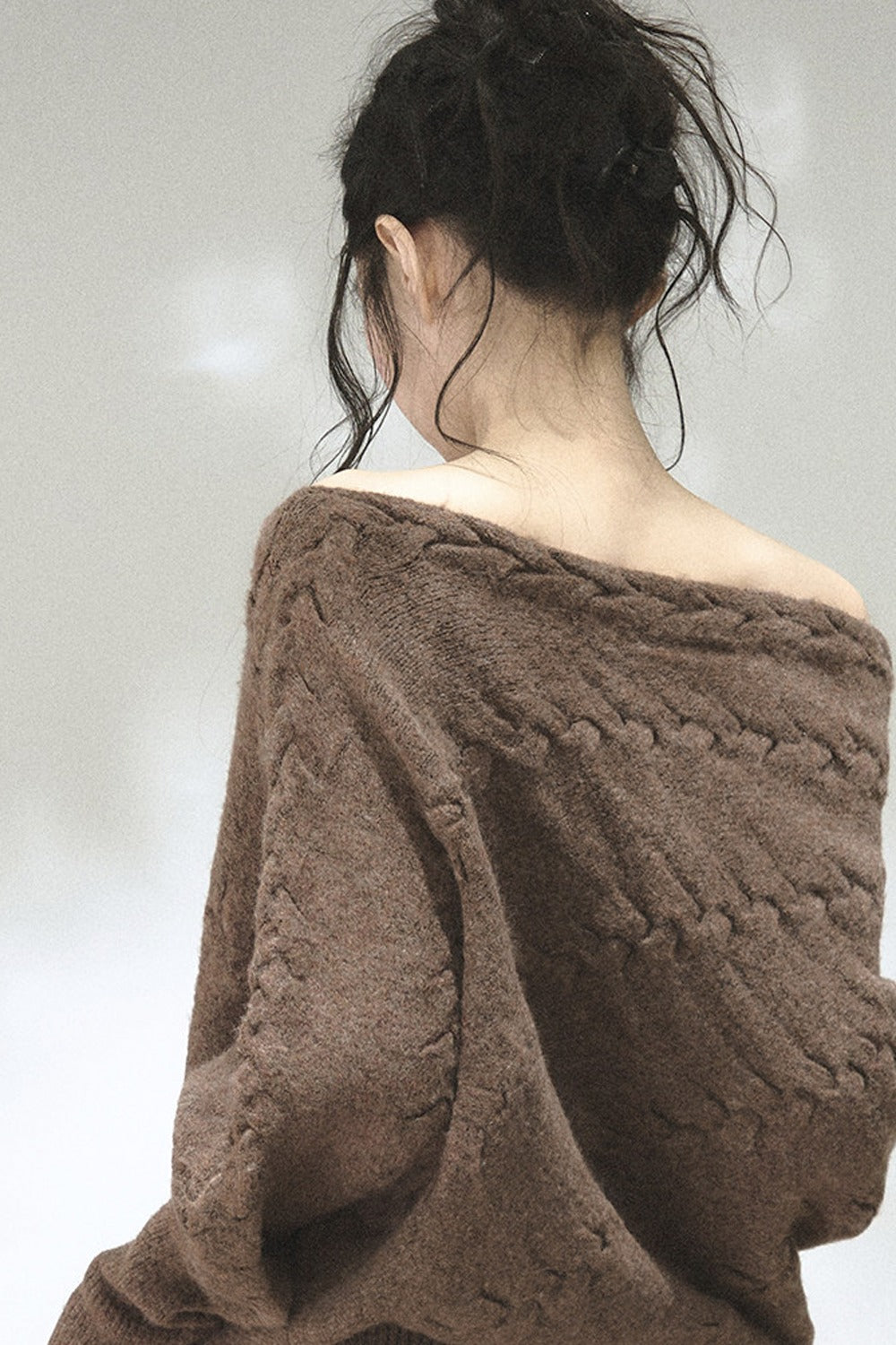 Diagonal Cable Knit Off-Shoulder Sweater