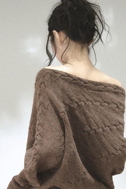 Diagonal Cable Knit Off-Shoulder Sweater