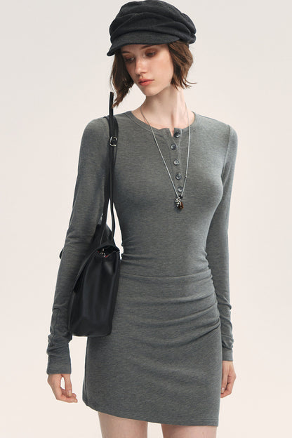 Grey Wool Blend Half-Button Bodycon Dress