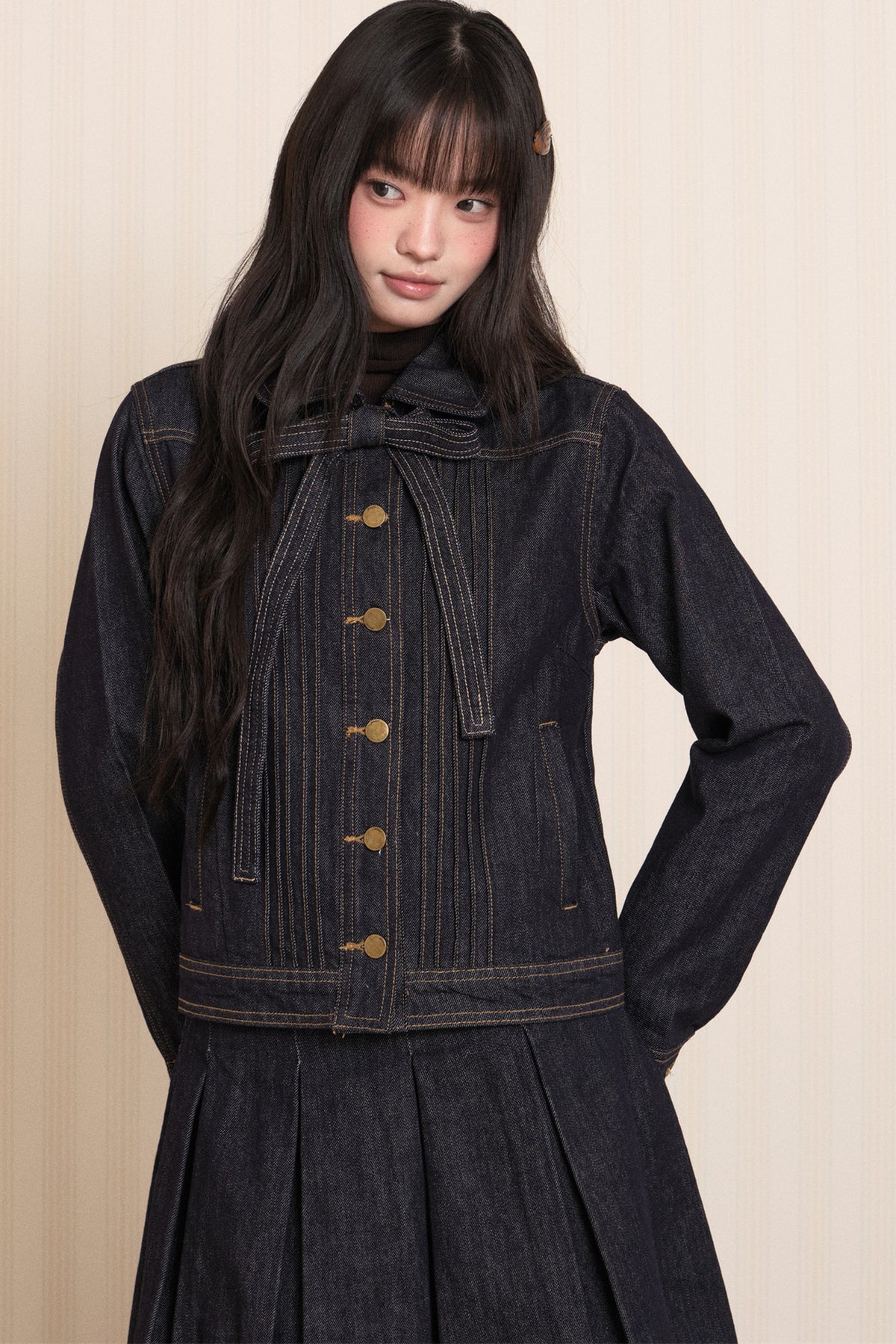 Washed Denim Lapel Tie Jacket