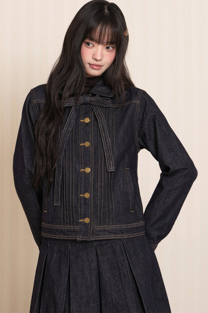 Washed Denim Lapel Tie Jacket