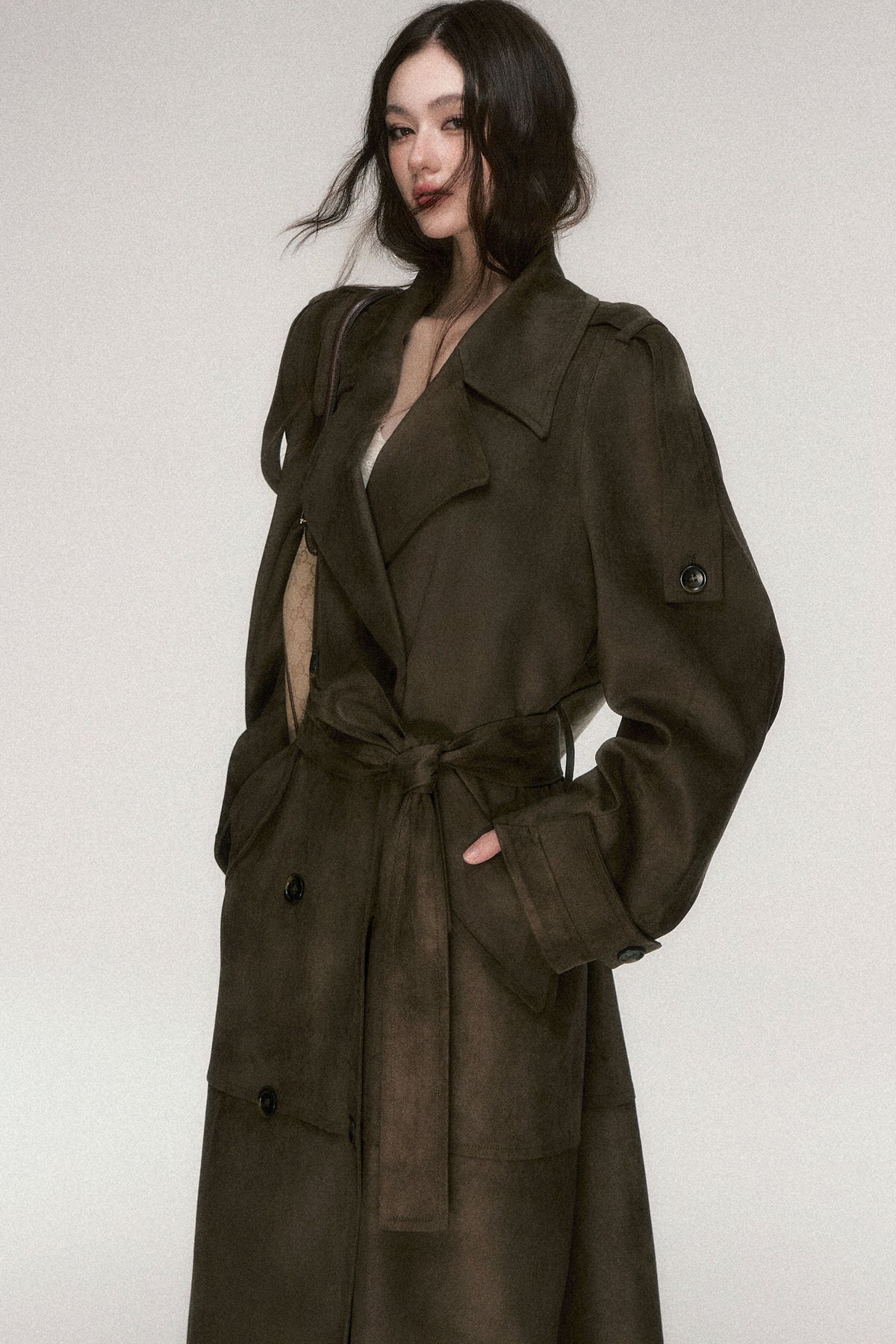 Brown Coffee Suede Long Trench Coat