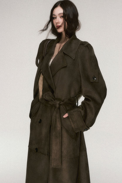 Brown Coffee Suede Long Trench Coat