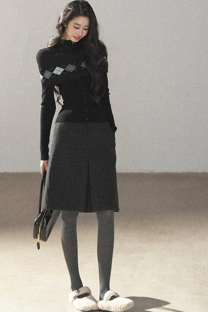 Argyle Wool Sweater With Shawl and Top Set