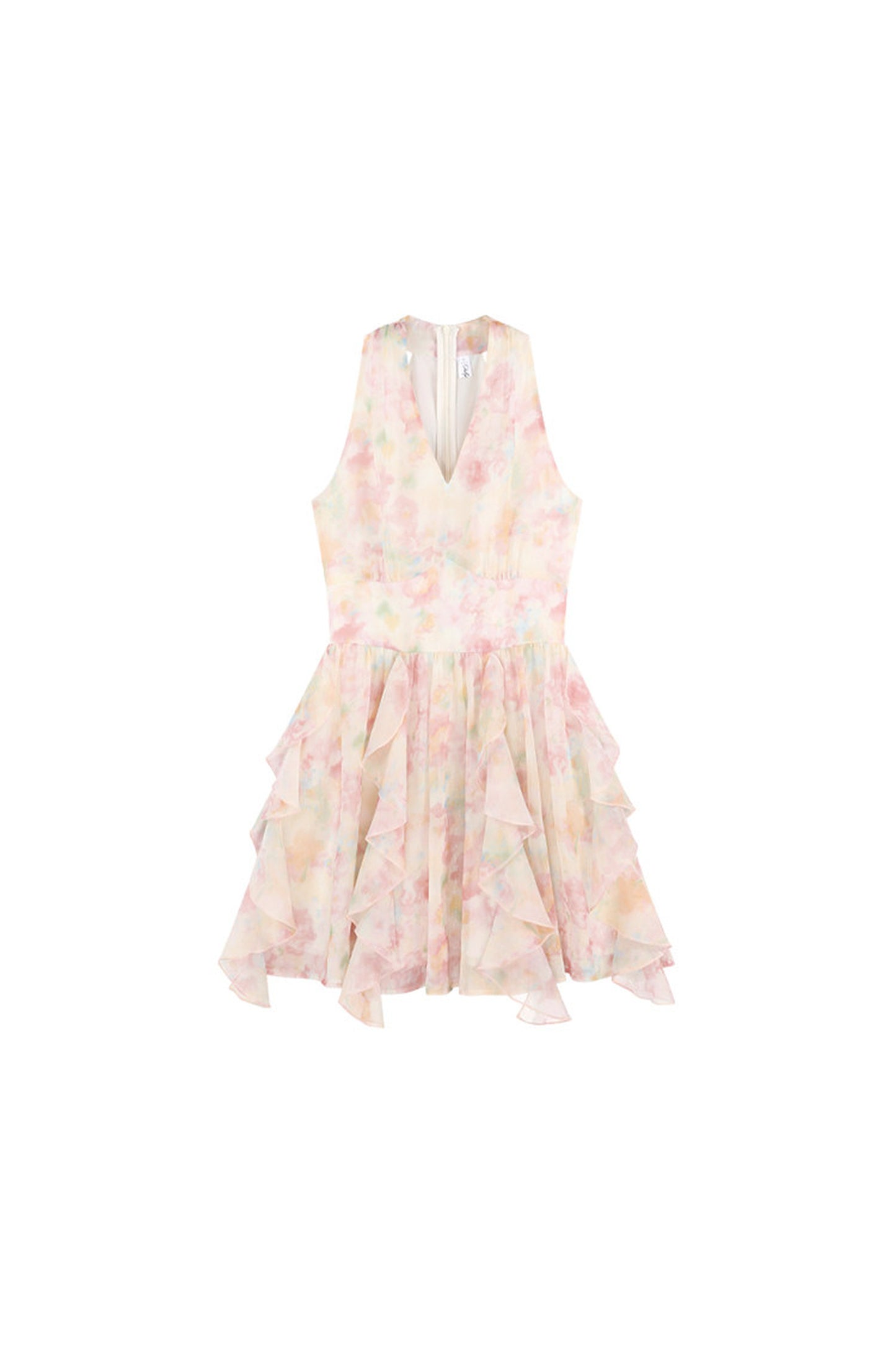 Abito a volant con scollo a V e allacciatura al collo in chiffon floreale