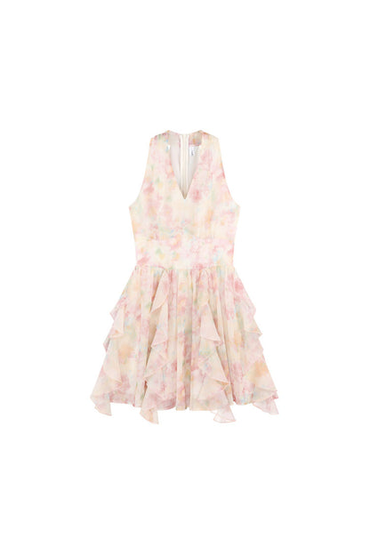 Abito a volant con scollo a V e allacciatura al collo in chiffon floreale