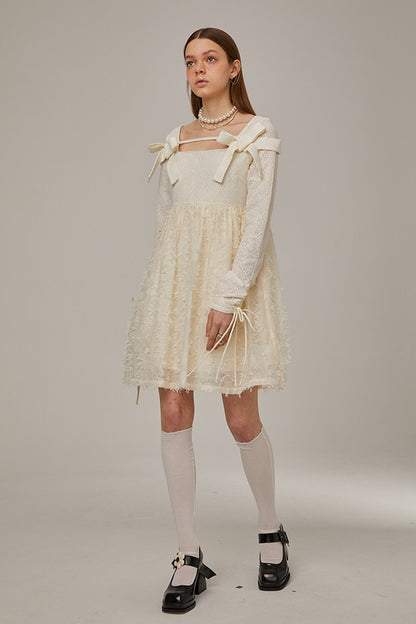 Beige Plaid Lace Bow Dress
