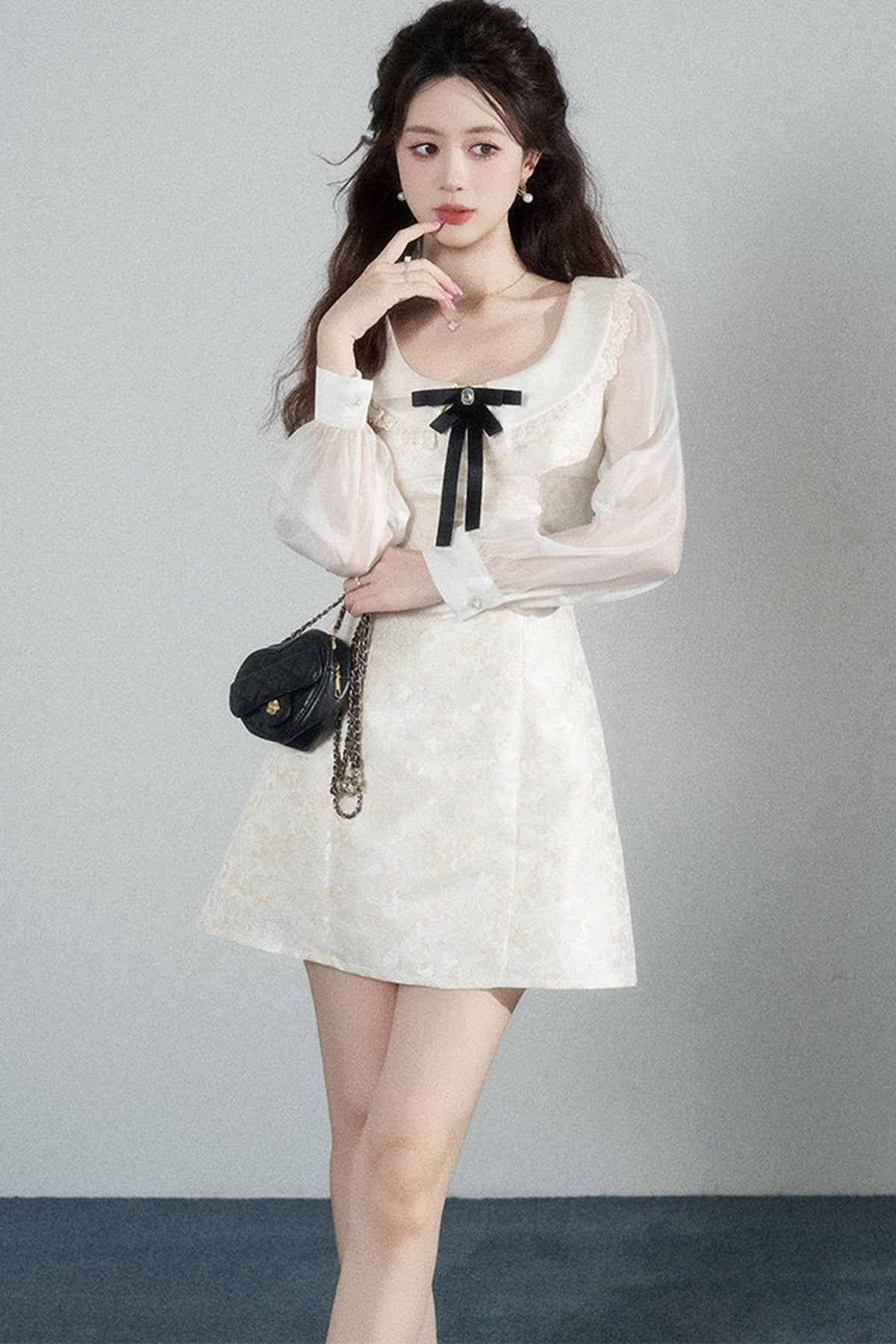 Waist-Cinching A-Line Jacquard Long-Sleeve Dress