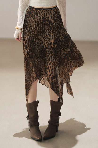 Irregular Hem Stacked Pleats Leopard Skirt