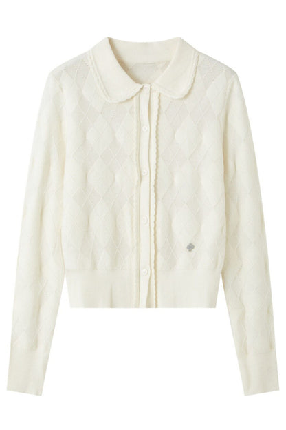 Hollow-Out Diamond-Pattern Doll Collar Cardigan Top