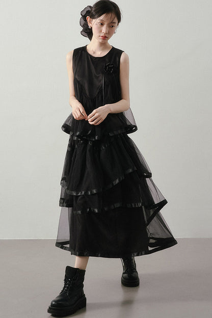 Black Mesh Layered-Look Two-Piece Set