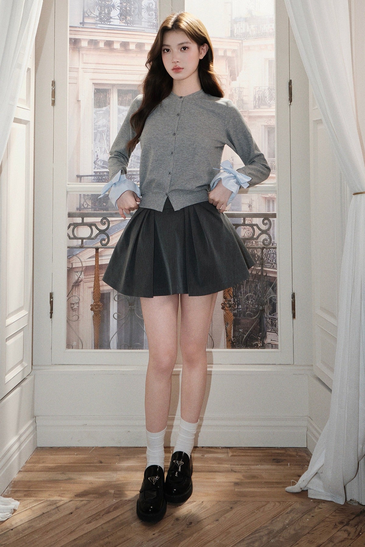 Layered-Look Bow Knit Cardigan