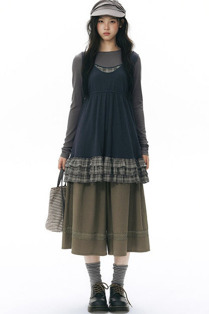Plaid Ruffle Sleeveless Knit Vest Dress