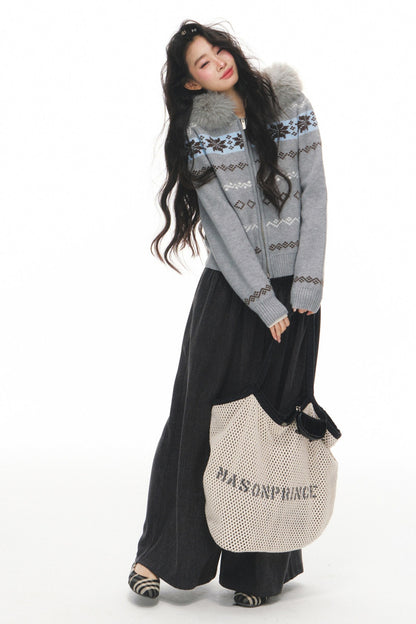 Fair Isle Jacquard Fur Collar Cardigan Set-Up