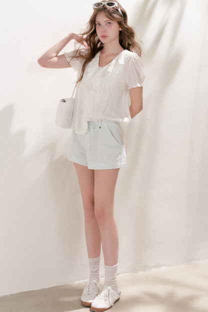 Mulberry Silk Lace Ruffle V-Neck Top