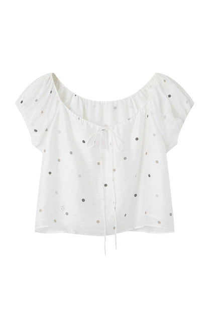 Polka Dot Puff Sleeve Drawstring Top