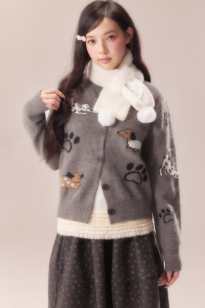 Paw Print Jacquard Knit Cardigan