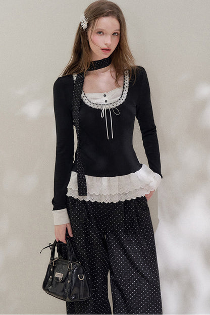 Black Layered-Look Long Sleeve Blouse