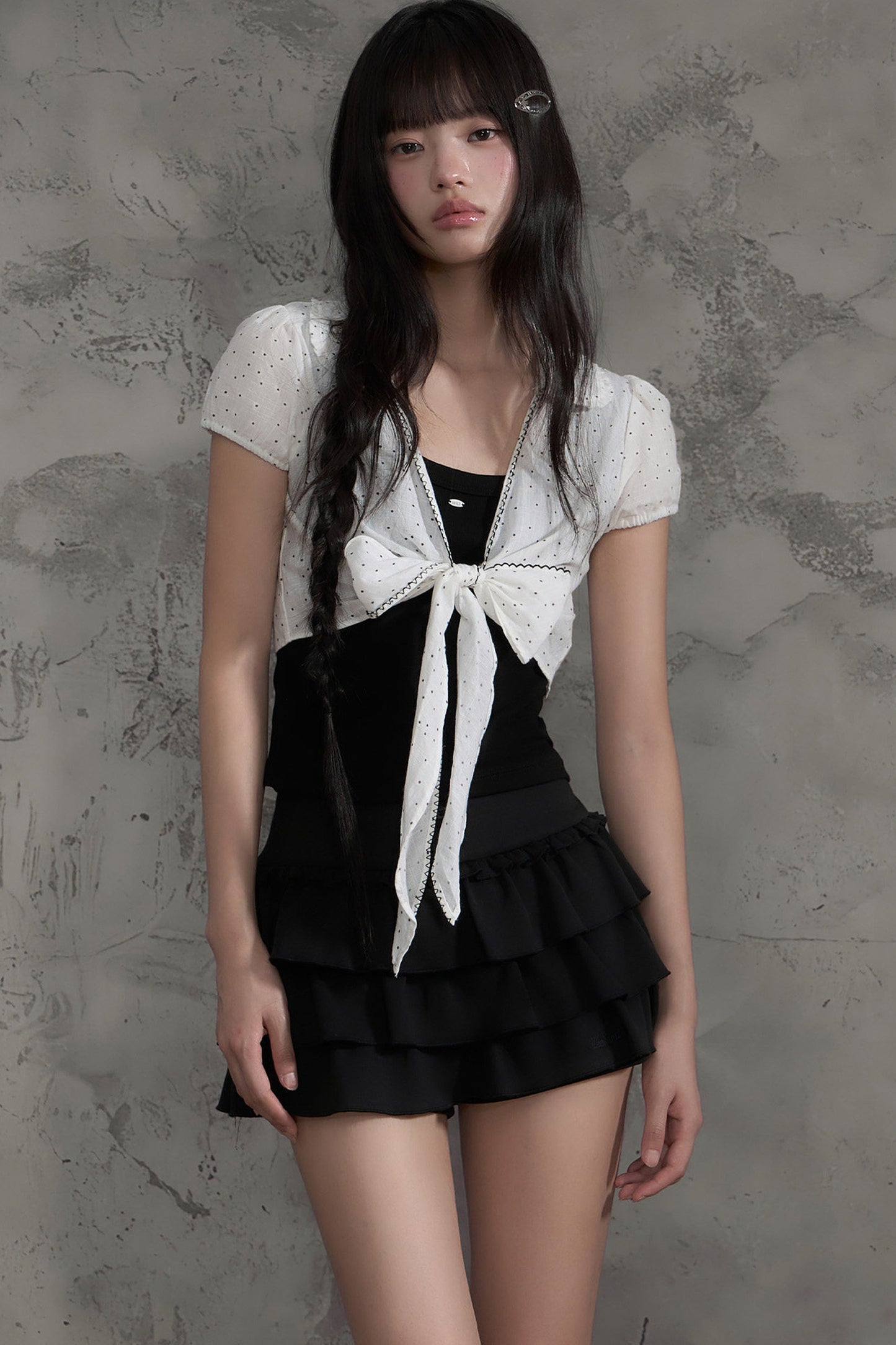 Polka Dot Bow Cardigan And Ruffle Skirt Set-Up