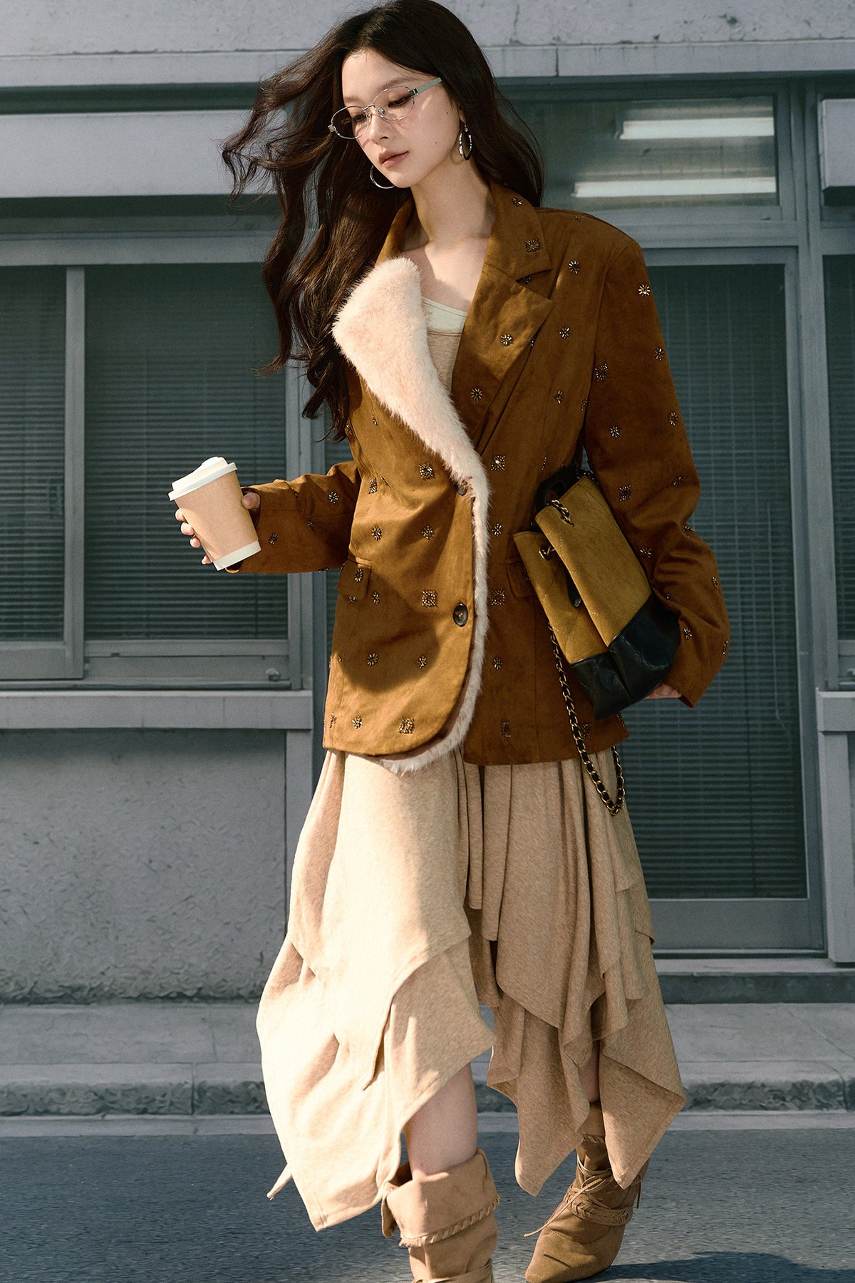 Beaded Suede Detachable Fur Collar Jacket