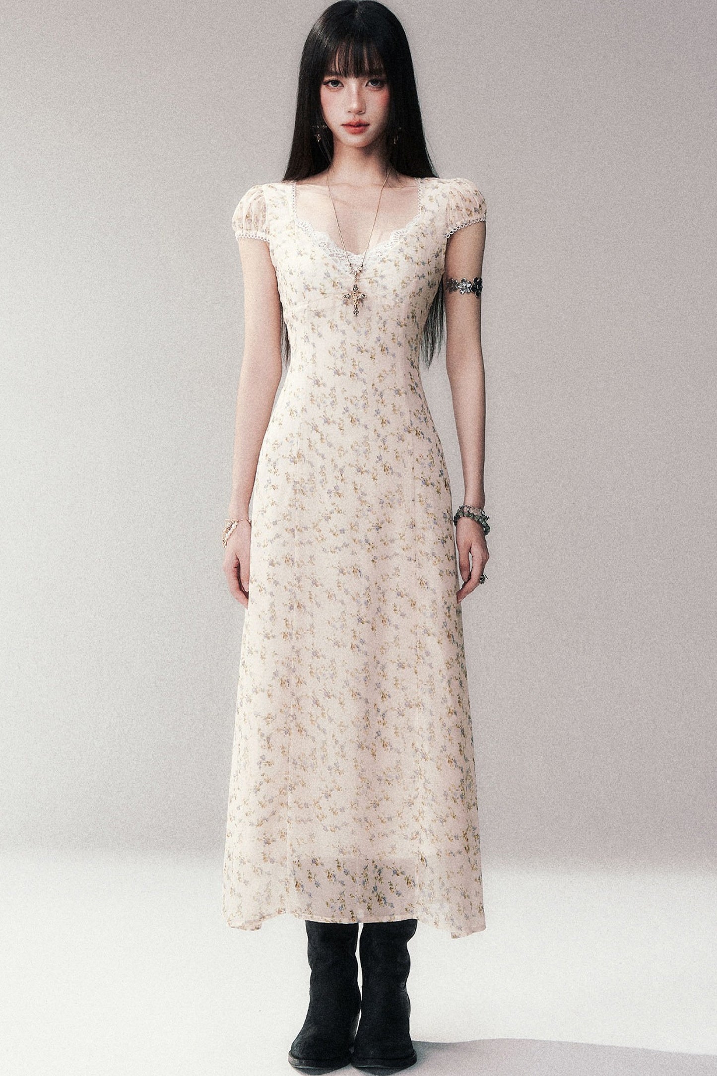 Light Yellow Floral Lace V-Neck Long Dress