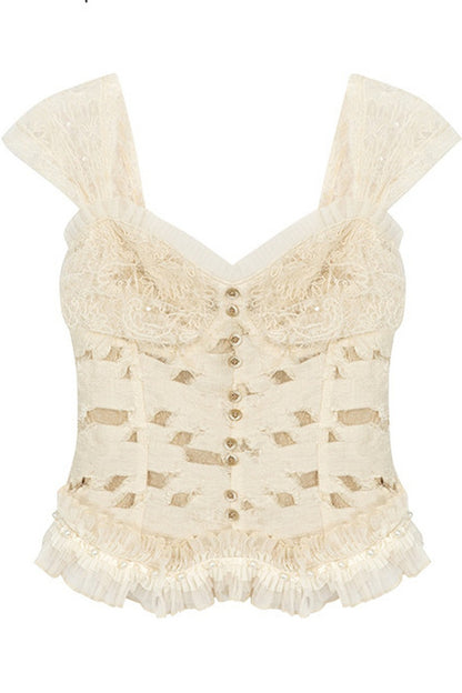 Spliced Pleated Mesh Lace Tube Top