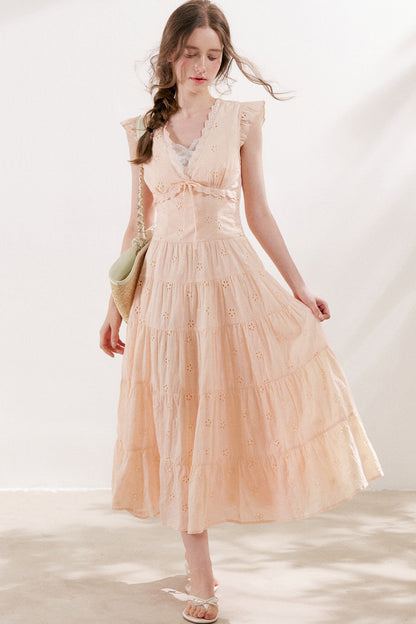 Five-Petal Flower Cutout Tiered Cotton Dress