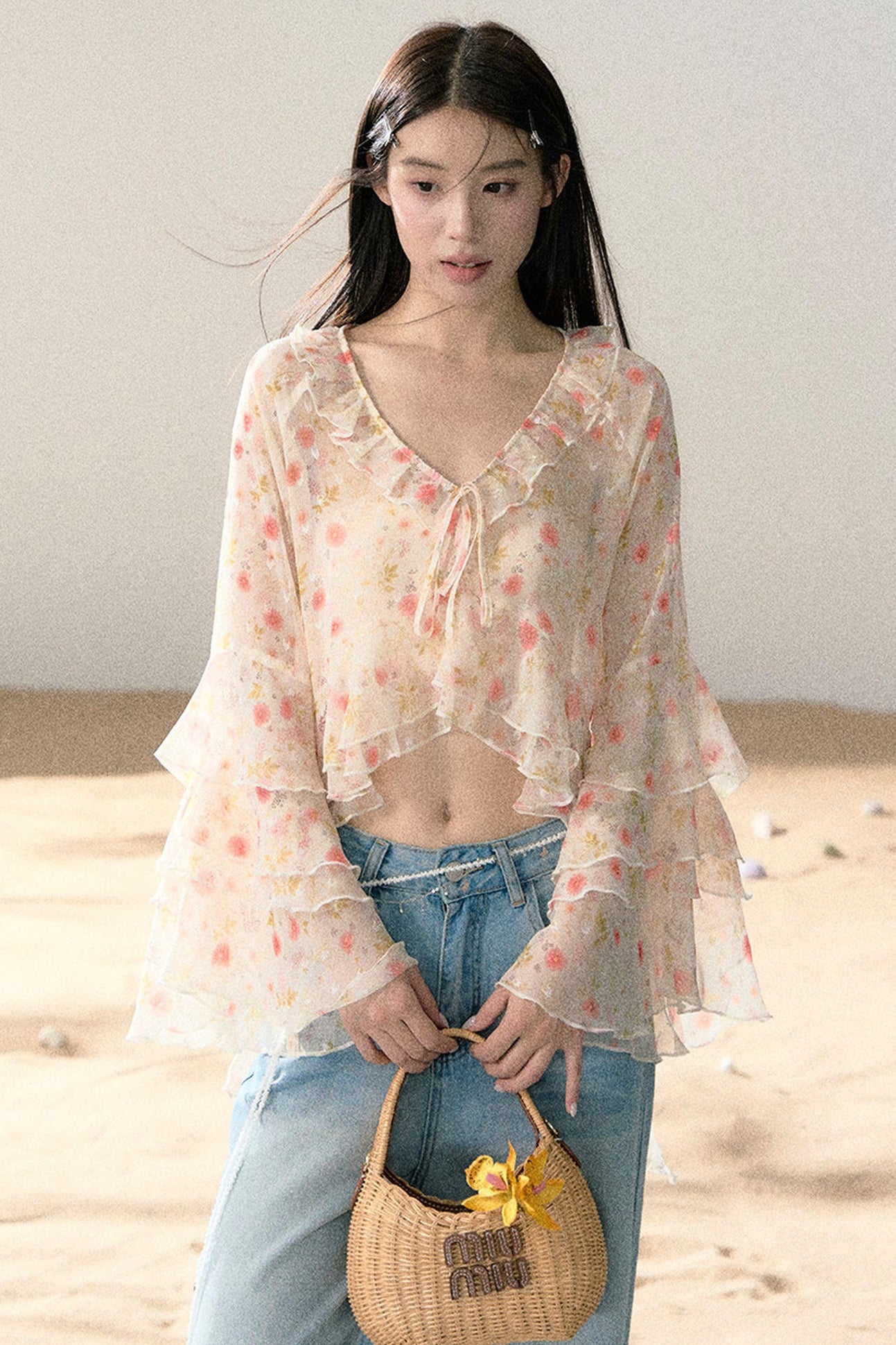 Floral Chiffon Ruffle Blouse
