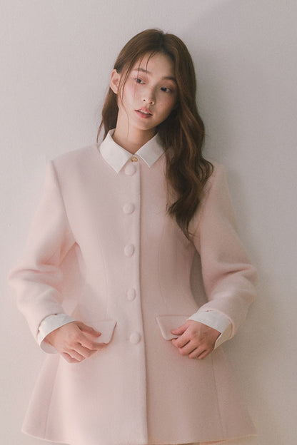 Pink Wool Shirt Collar Mid-Length Coat