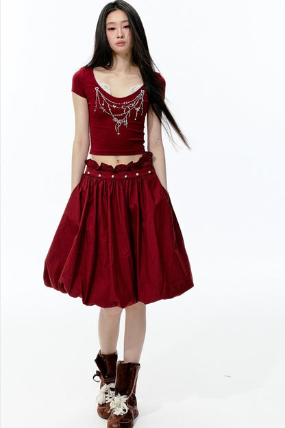 Pearl Rhinestone T-Shirt, Flower Bud Skirt and Pants Set-Up
