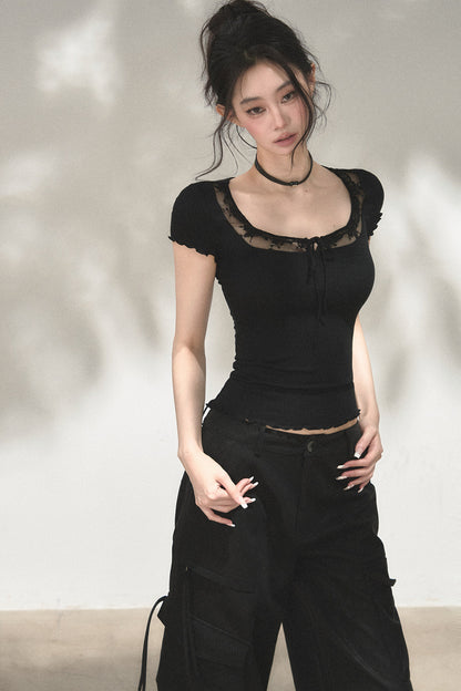 Lace Ruffle Short Sleeve Top