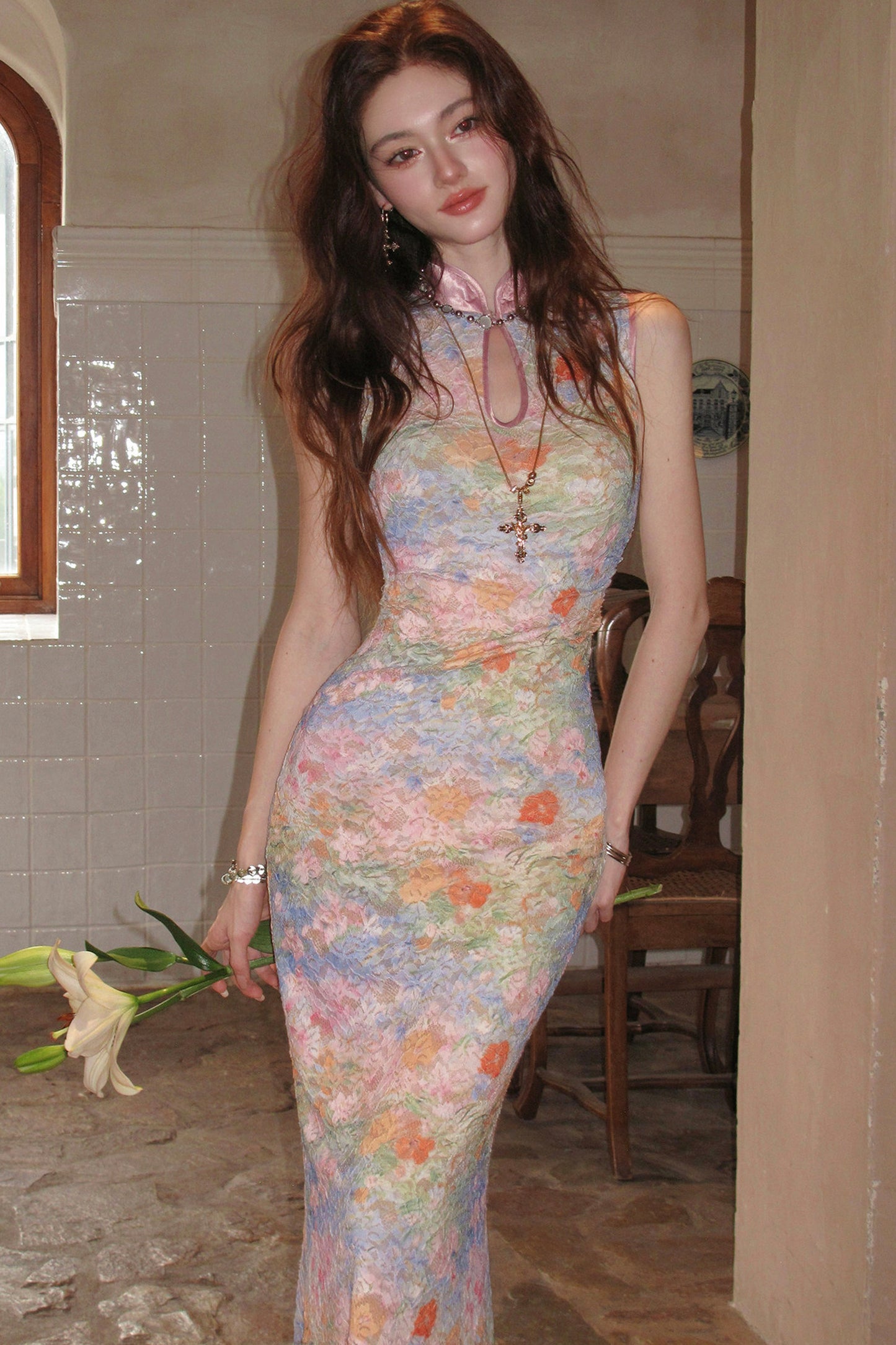 Stretch Lace Sleeveless Cheongsam Dress