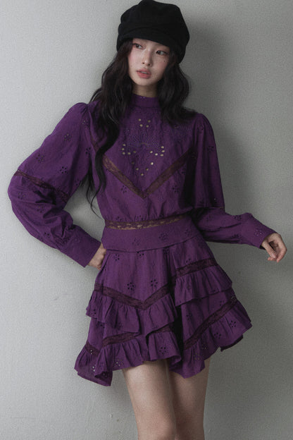 Long-Sleeved Hollow Embroidered Top and Asymmetrical Skirt Set-Up