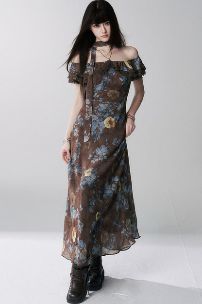 Robe une épaule à motif floral café