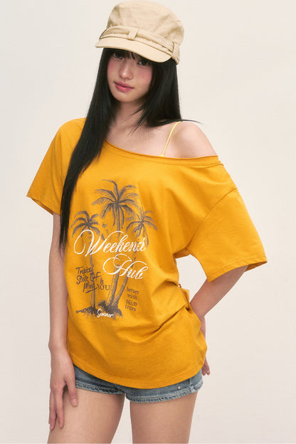 Palm Tree Graphic Off-Shoulder Lace-Up T-Shirt