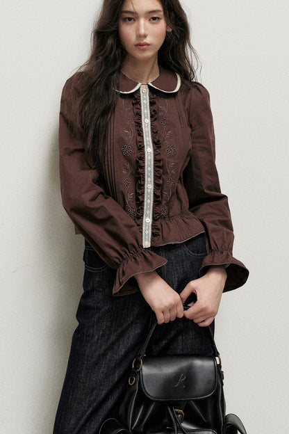 Brown Cotton Linen Doll Collar Shirt