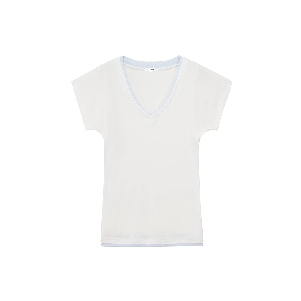 Minimalist Colorblock Deep V-Neck Wool Blend T-Shirt