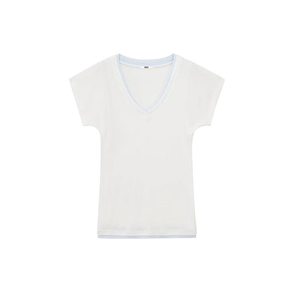 Minimalist Colorblock Deep V-Neck Wool Blend T-Shirt