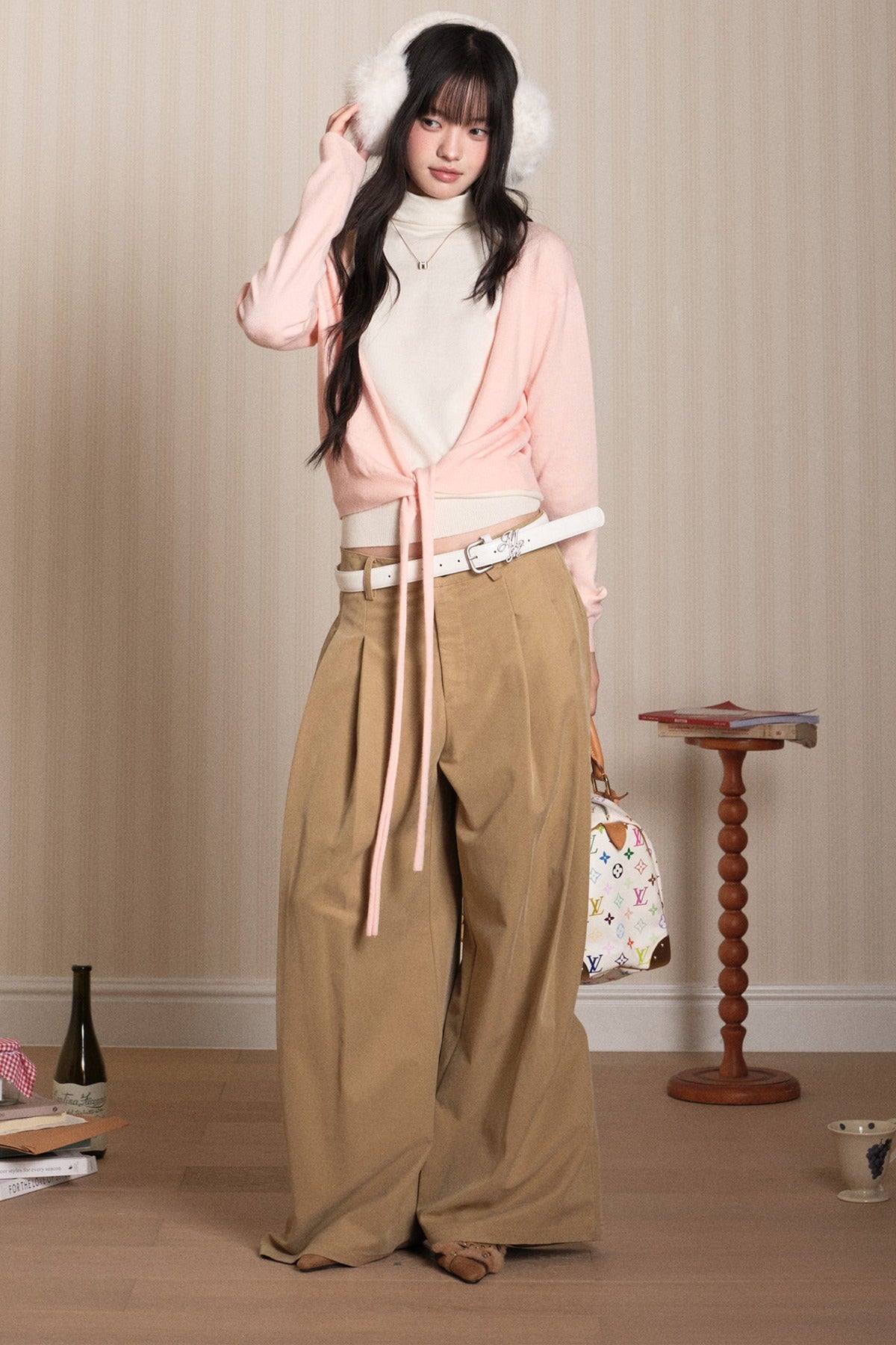 Layered High-Neck Vest and Tie-Up Cardigan Set-Up